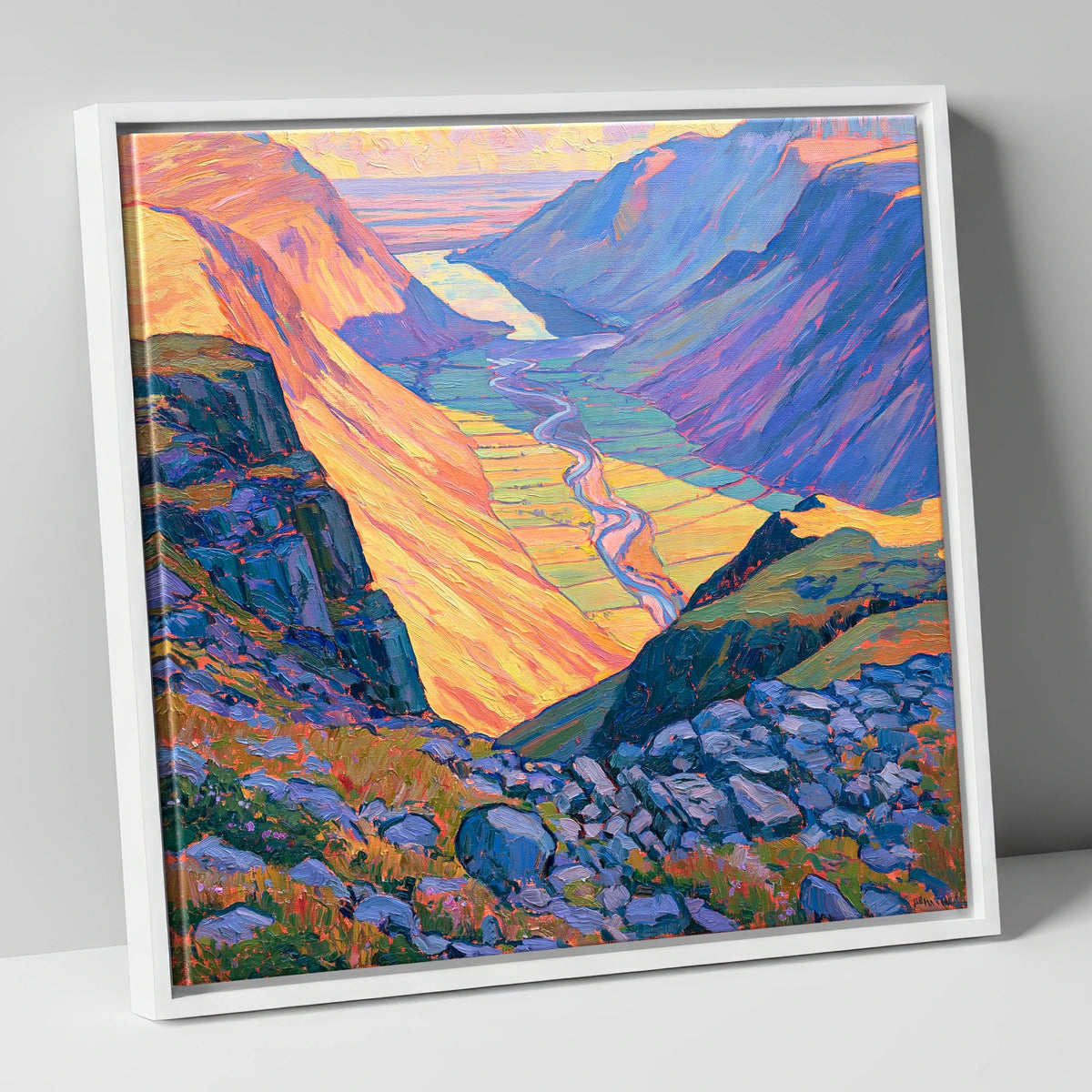 Vibrant Wasdale from Great Gable lake district fell canvas wall art in white frame