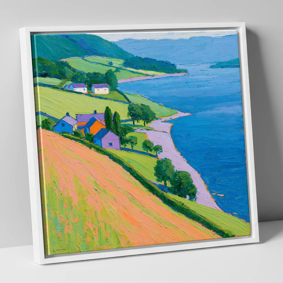 Colourful Lakeside Village lake district village canvas wall art in white frame
