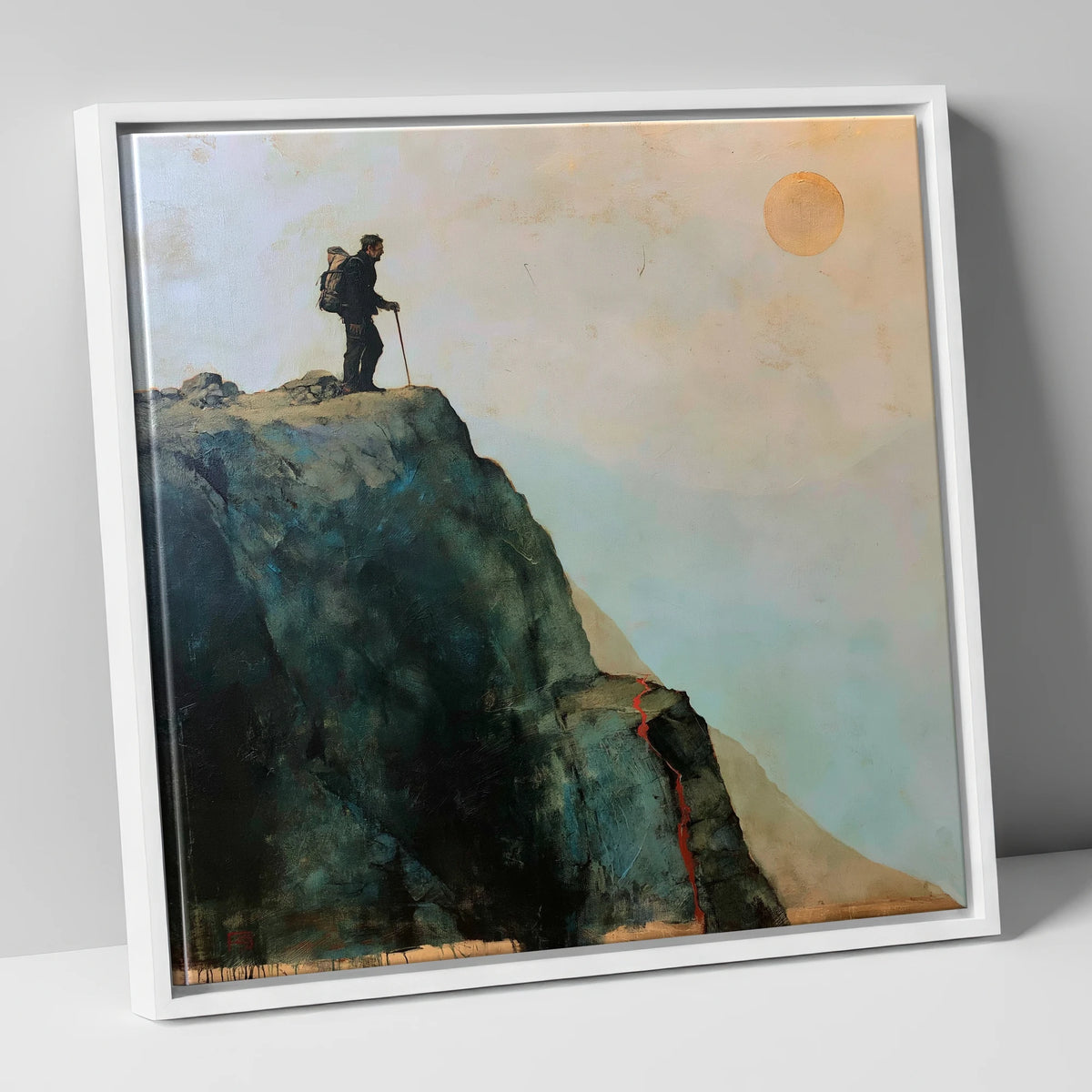 Striding Edge Silhouette and Golden Sun lake district walking canvas wall art in white frame