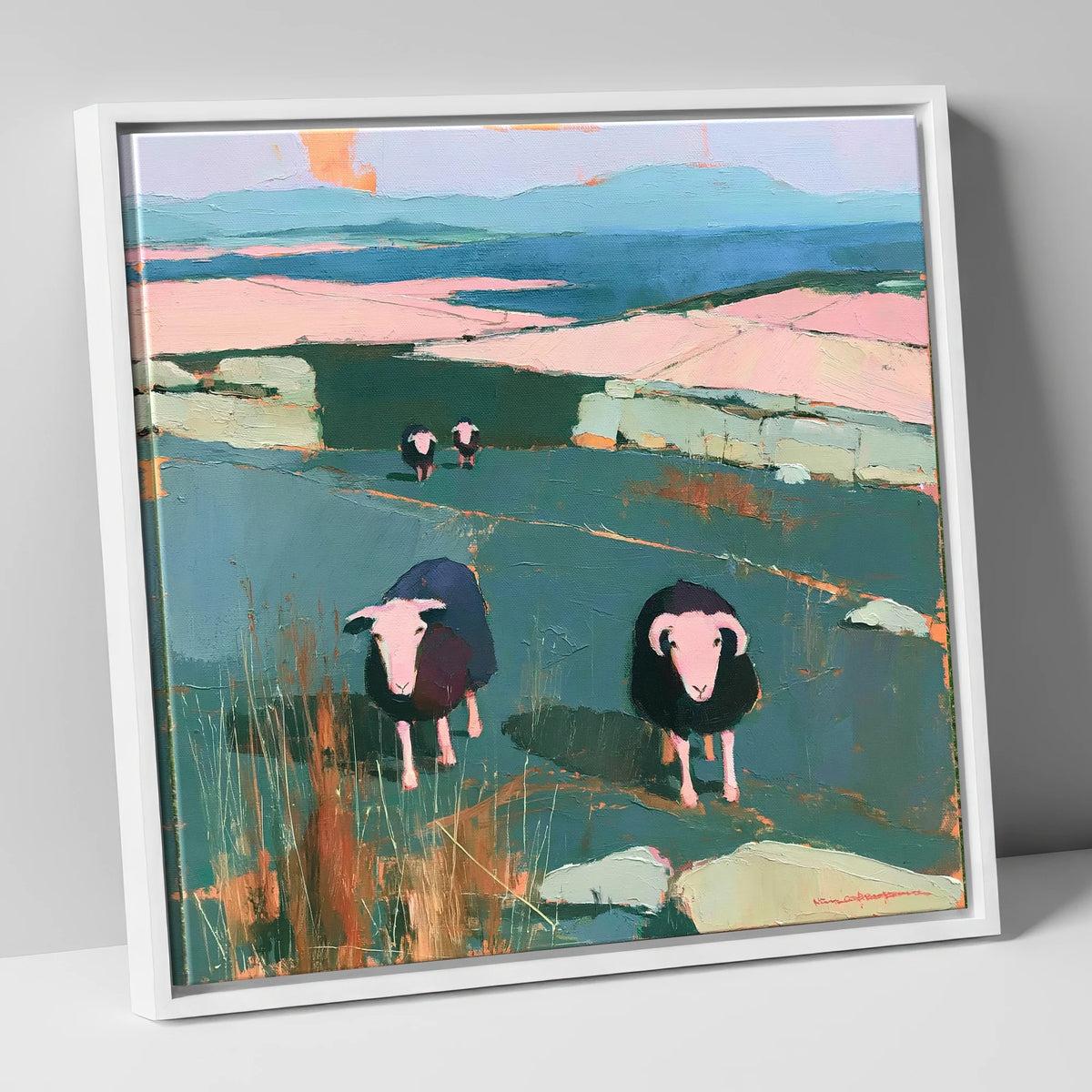 Herdwick Sheep on a Teal Fellside lake district wildlife canvas wall art in white frame