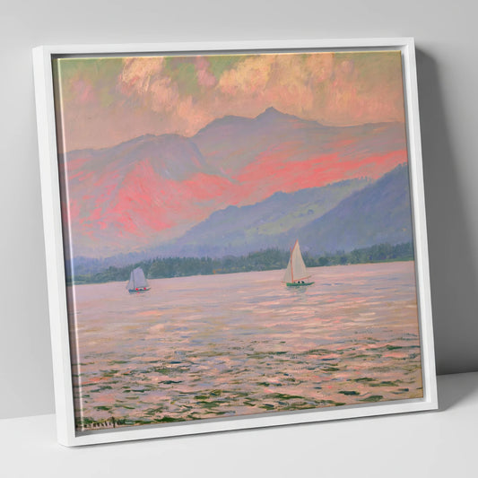 Windermere Sailboats In Rose Light lake district lake canvas wall art in white frame