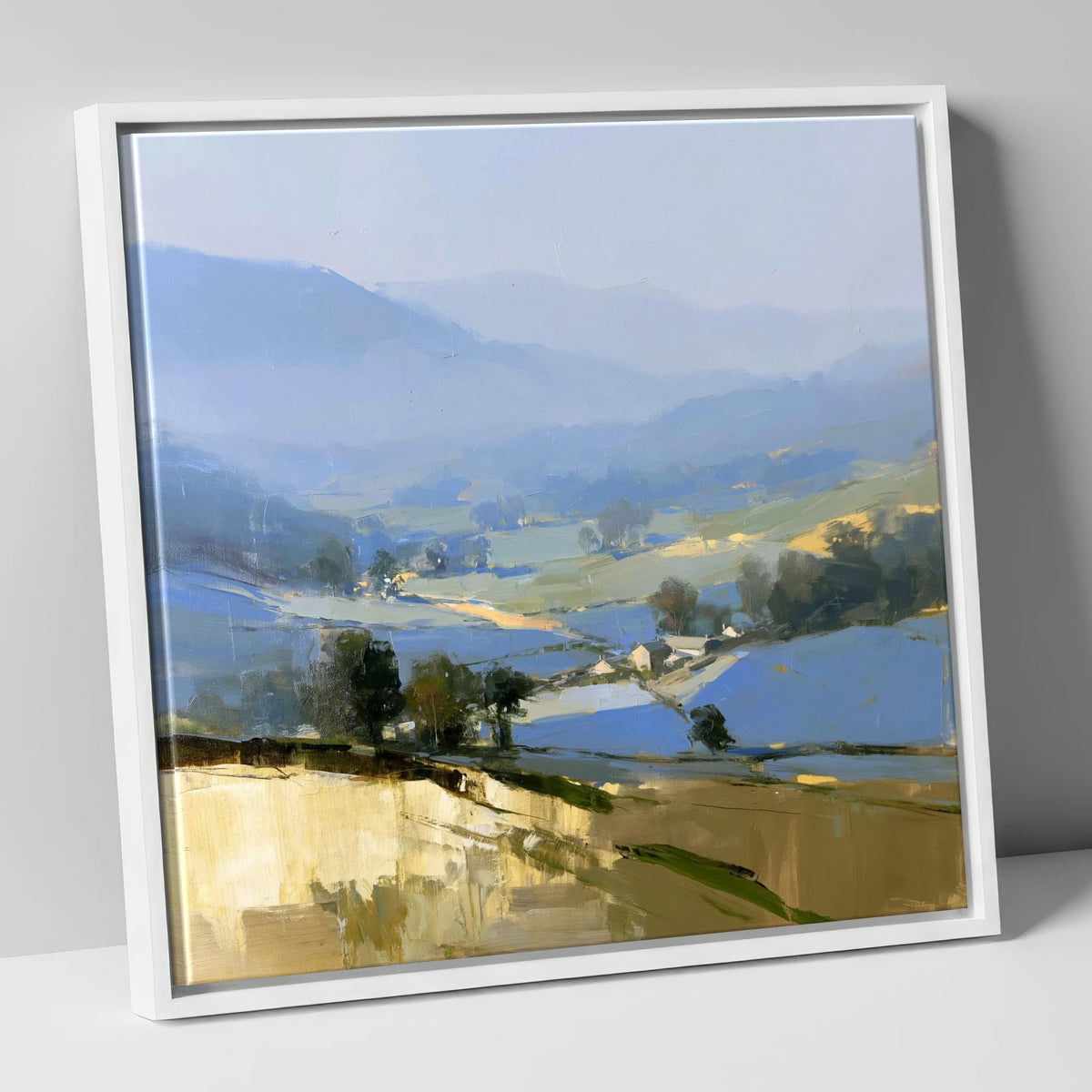 Morning Light on Misty Valley lake district sky canvas wall art in white frame