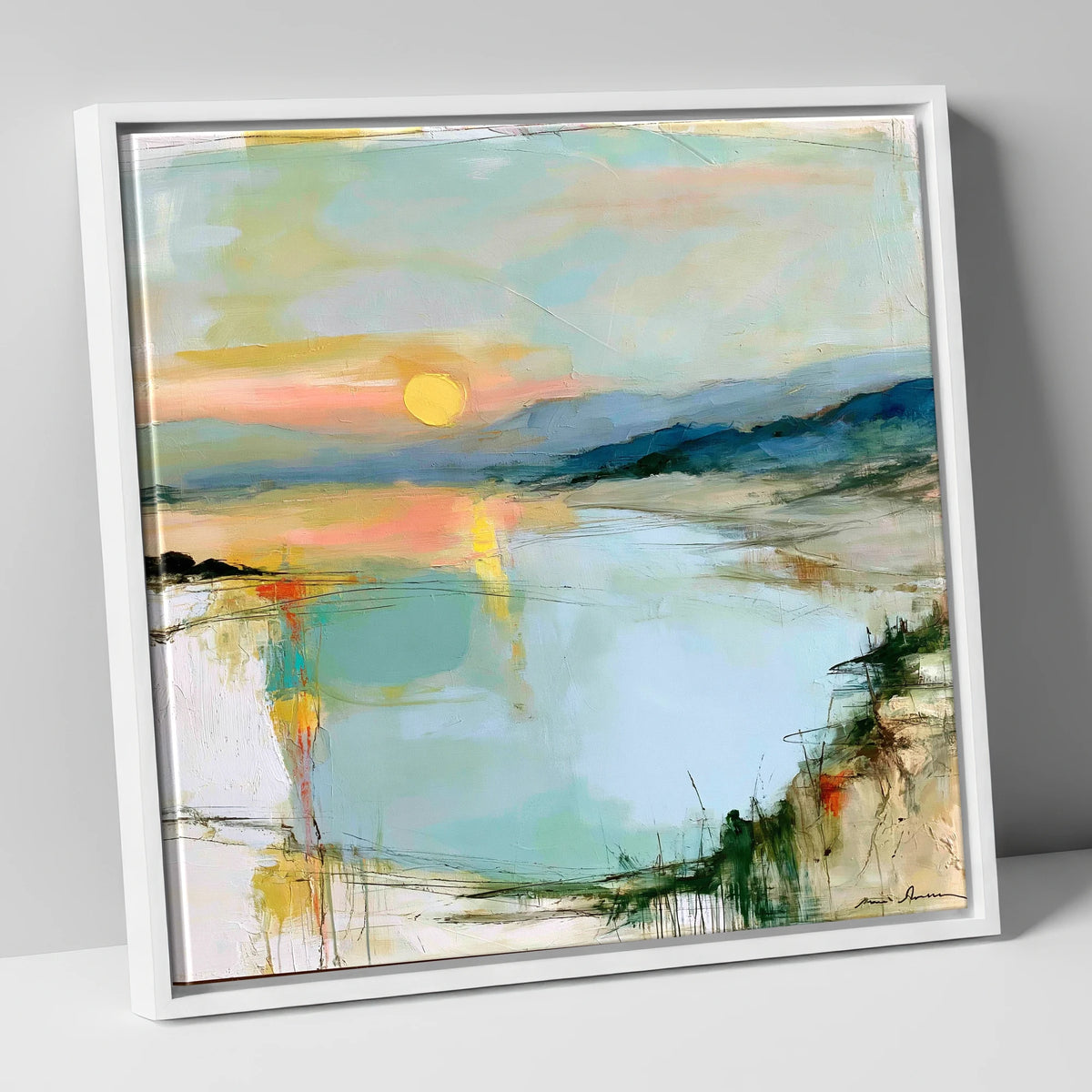 Lake Sunset in Peach and Mint lake district lake canvas wall art in white frame