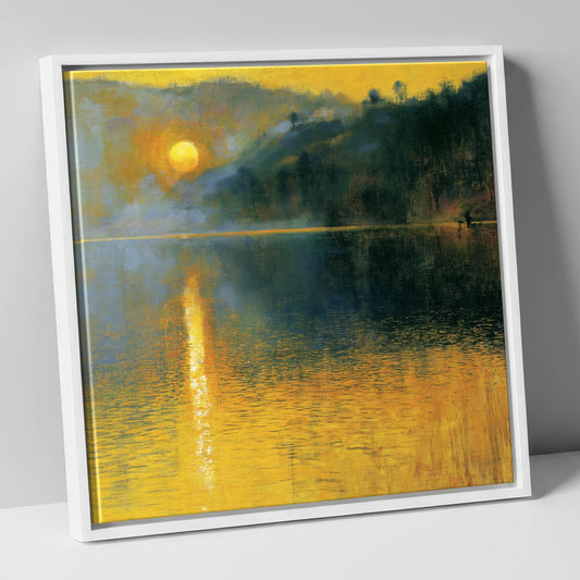 Misty Lake at Golden Dawn lake district lake canvas wall art in white frame