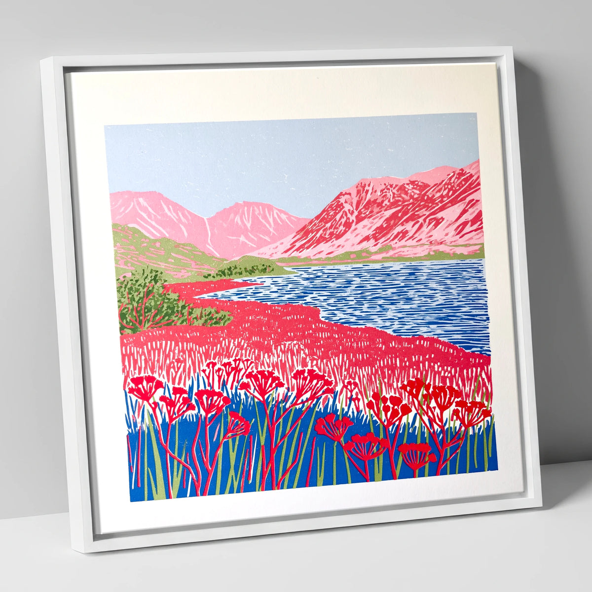 Vibrant Pink Fells at Ennerdale lake district valley canvas wall art in white frame