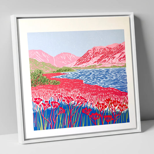 Vibrant Pink Fells at Ennerdale lake district valley canvas wall art in white frame