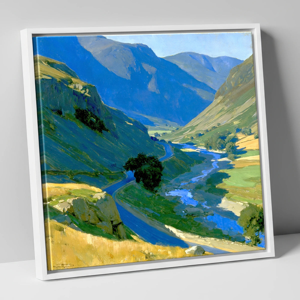 Cobalt Shadows on the Mountain Pass lake district valley canvas wall art in white frame