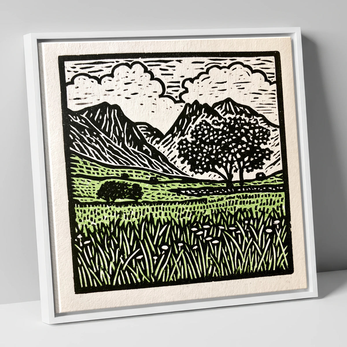 Langdale Pikes Spring Meadow lake district fell canvas wall art in white frame