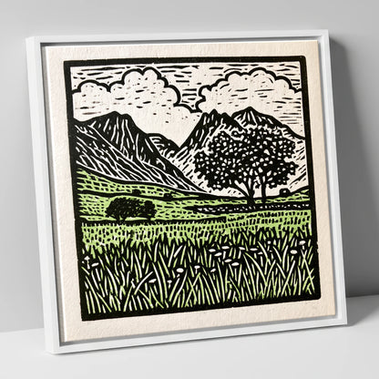 Langdale Pikes Spring Meadow lake district fell canvas wall art in white frame