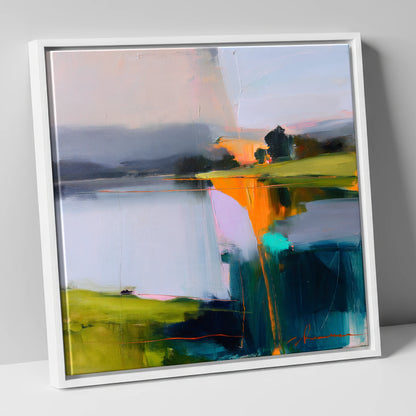 Vibrant Dawn on Still Lake lake district lake canvas wall art in white frame