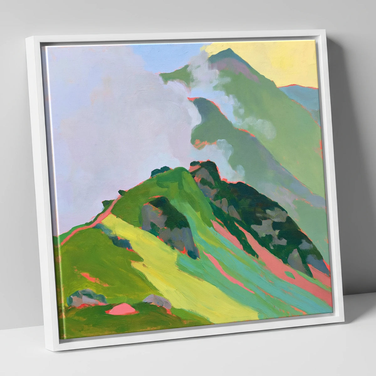 Vibrant Mountain Ridge in Mist lake district fell canvas wall art in white frame
