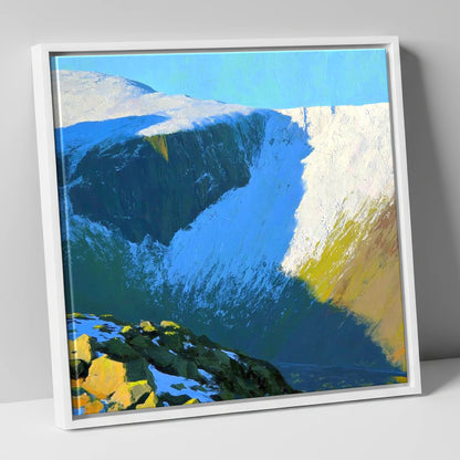 Sunlit Snow on Lingmell Crags lake district fell canvas wall art in white frame