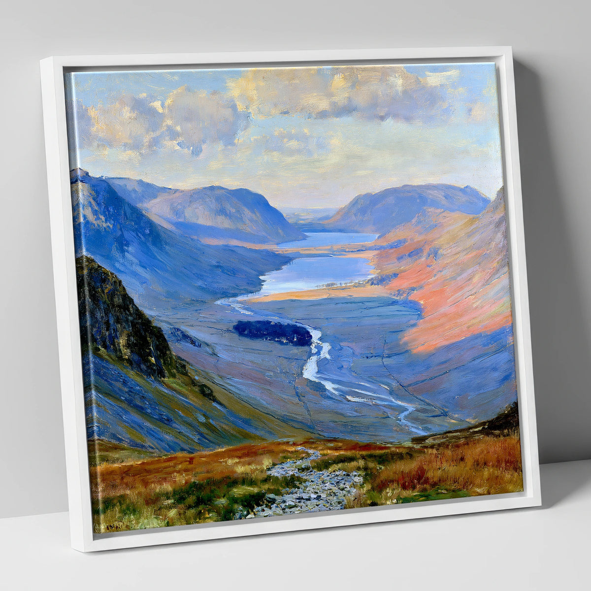 Luminous Valley View from Haystacks lake district fell canvas wall art in white frame