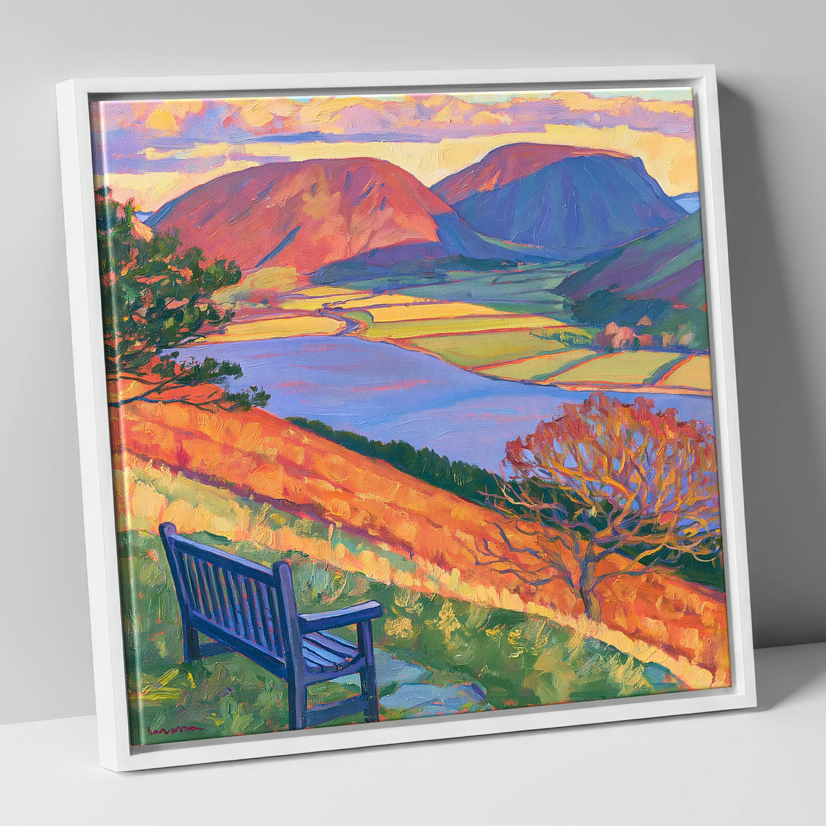 Vibrant Bench View Over Loweswater lake district lake canvas wall art in white frame