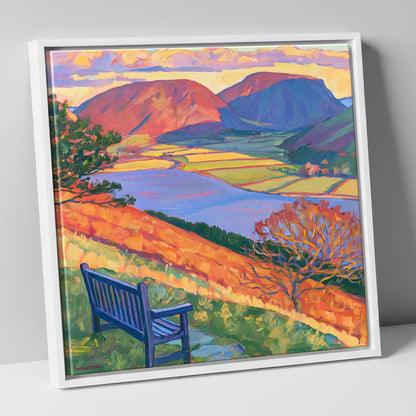 Vibrant Bench View Over Loweswater lake district lake canvas wall art in white frame