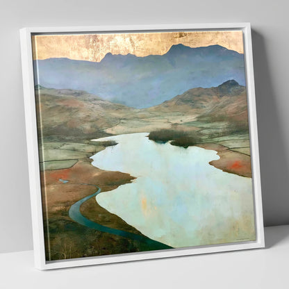 Golden Sky Over Elter Water lake district lake canvas wall art in white frame