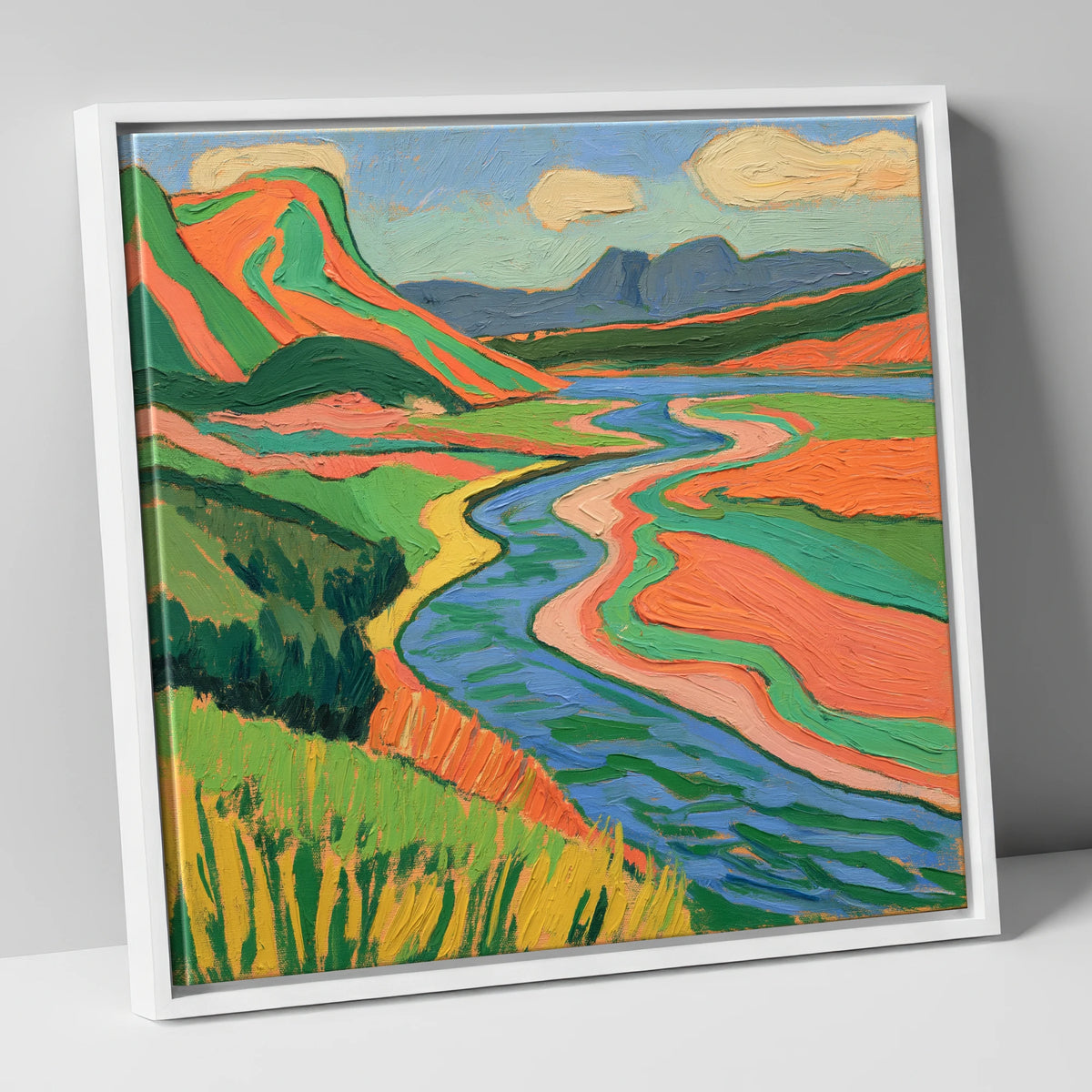 Bold Winding River and Fells lake district waterfall canvas wall art in white frame