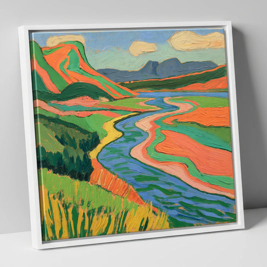 Bold Winding River and Fells lake district waterfall canvas wall art in white frame