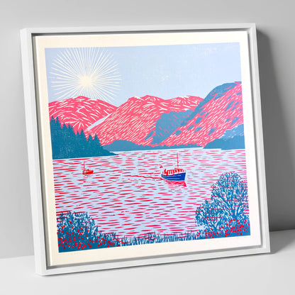 Ullswater Beneath Vibrant Pink Fells lake district lake canvas wall art in white frame