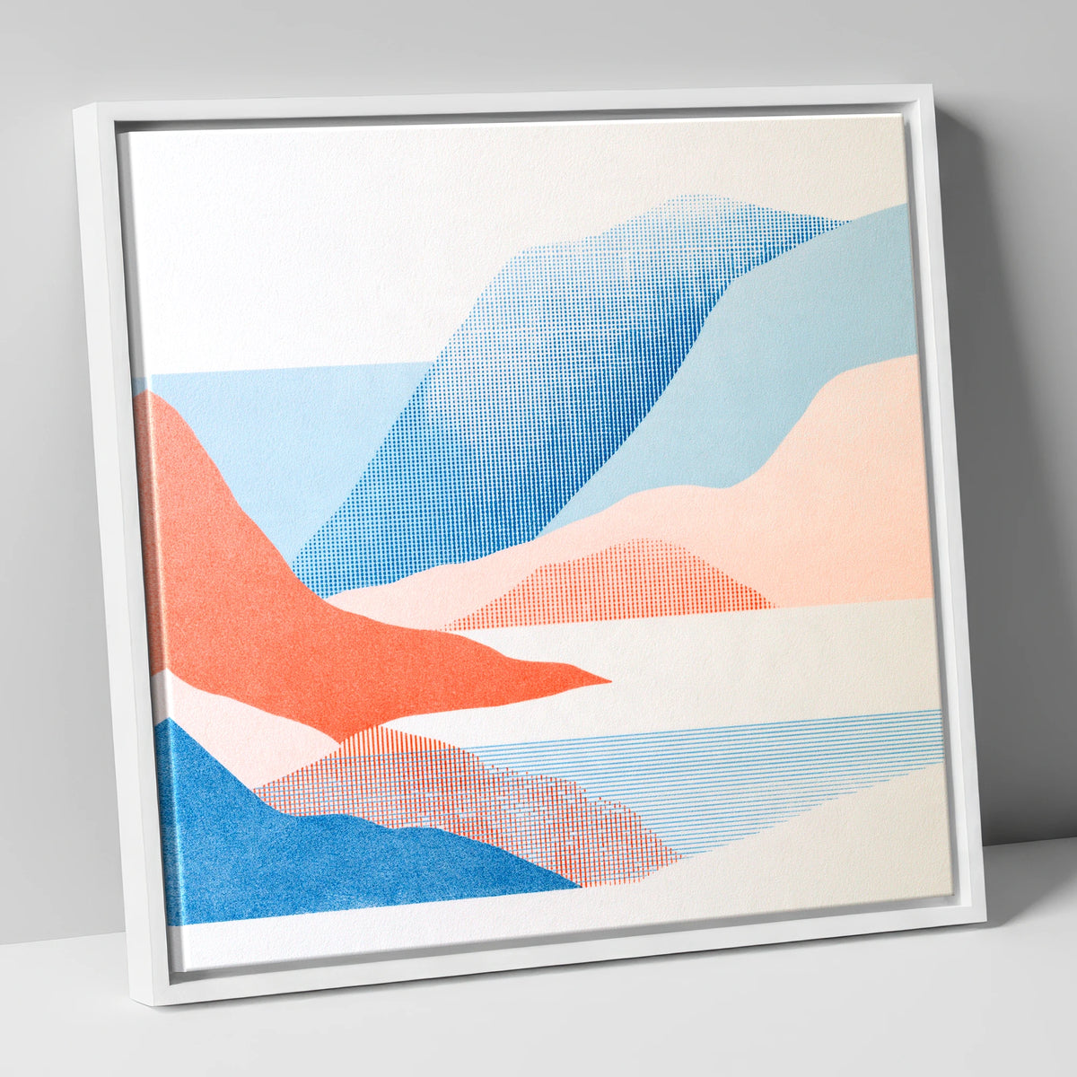 Borrowdale Valley in Coral and Blue lake district valley canvas wall art in white frame