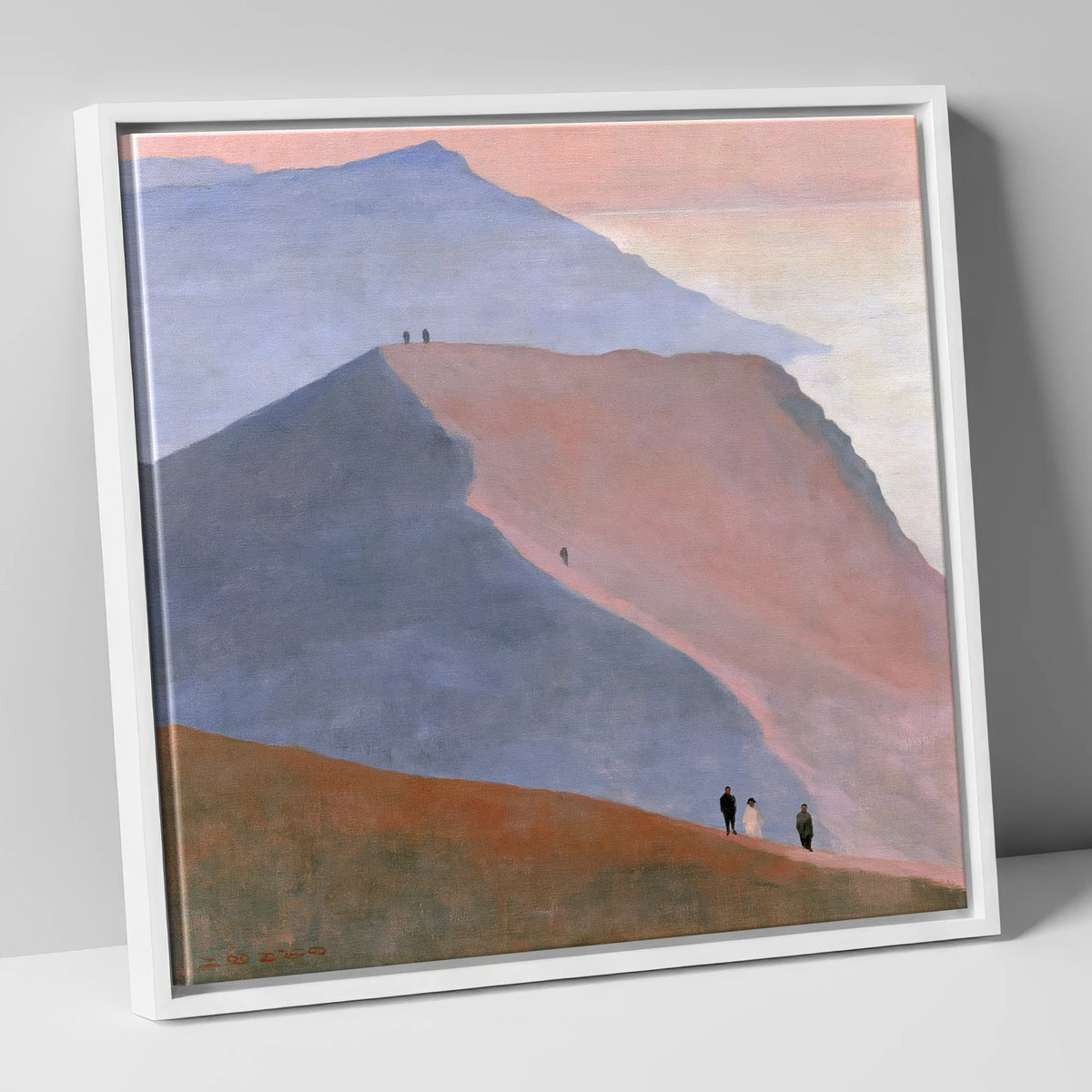 Walkers on a Dusk Ridge lake district walking canvas wall art in white frame