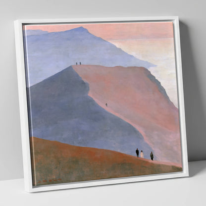 Walkers on a Dusk Ridge lake district walking canvas wall art in white frame