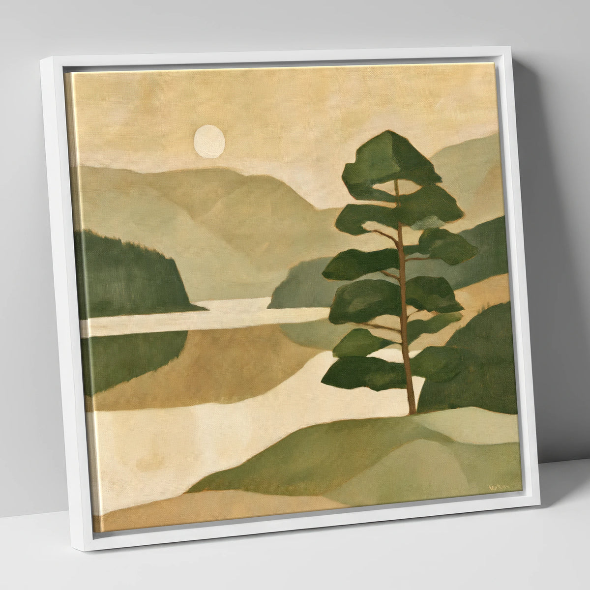 Still Lake and Pine at Dawn lake district lake canvas wall art in white frame