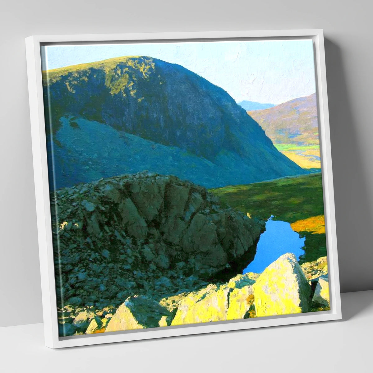 High Crag and Sunlit Tarn lake district fell canvas wall art in white frame