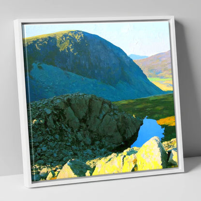 High Crag and Sunlit Tarn lake district fell canvas wall art in white frame