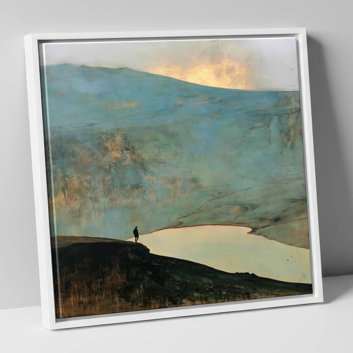 Helvellyn Walker and Golden Sky lake district fell canvas wall art in white frame
