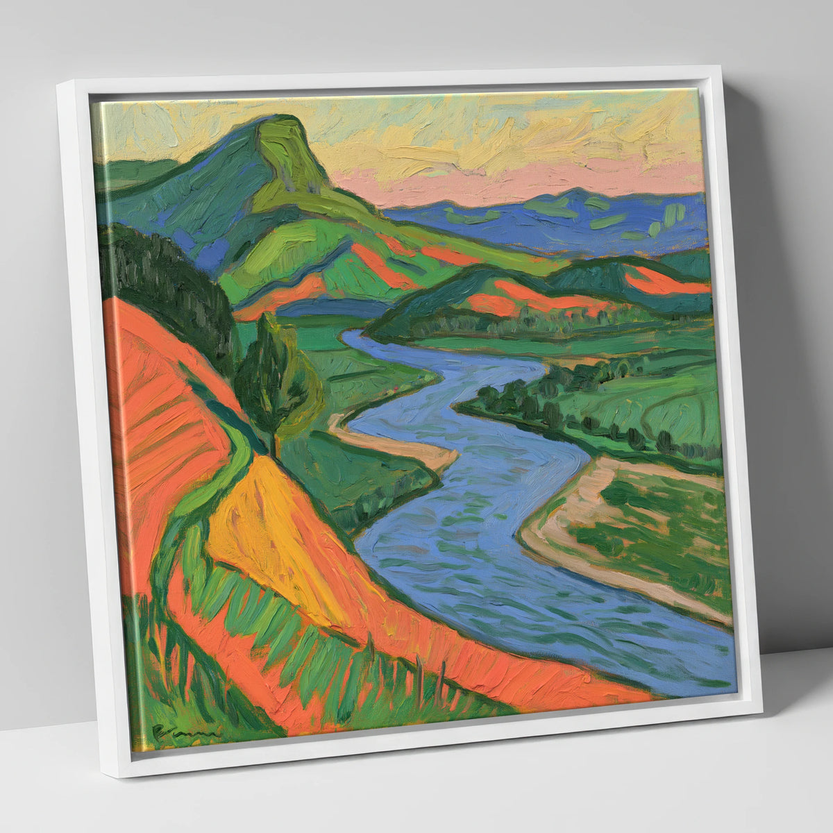 Vivid Orange and Green River Valley lake district waterfall canvas wall art in white frame