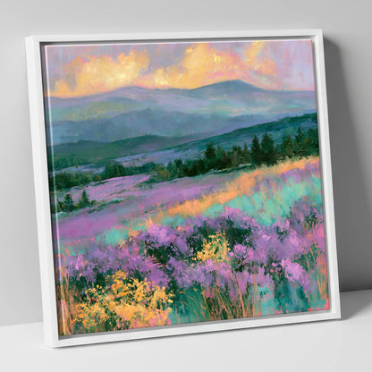Vibrant Heather Fellside at Sunset flowers & fellsides canvas wall art in white frame