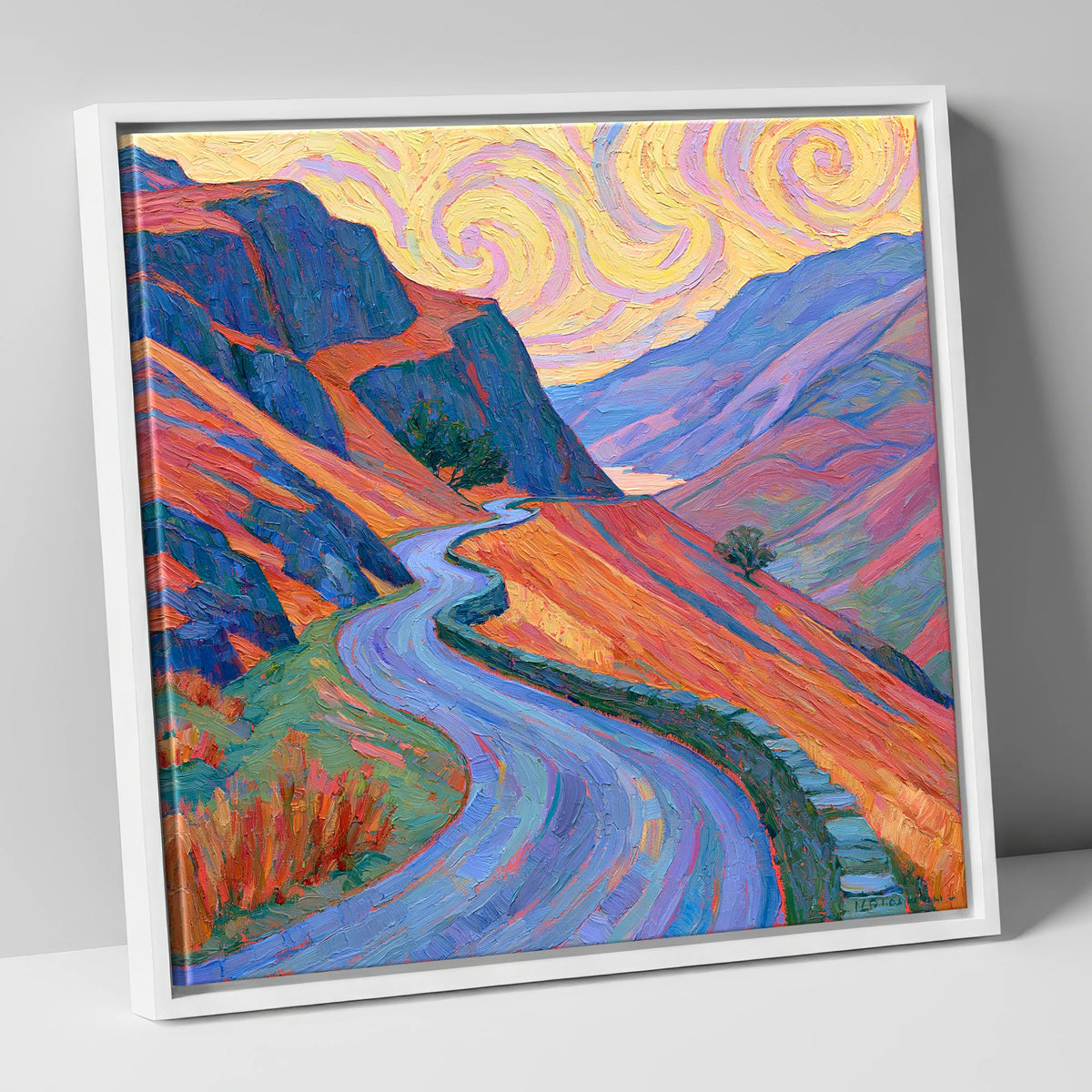 Winding Mountain Pass in Amber and Violet lake district valley canvas wall art in white frame