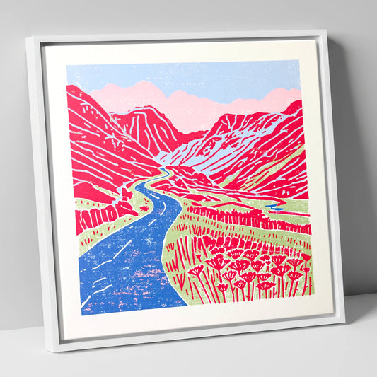Red Fells Over Hardknott Pass lake district valley canvas wall art in white frame
