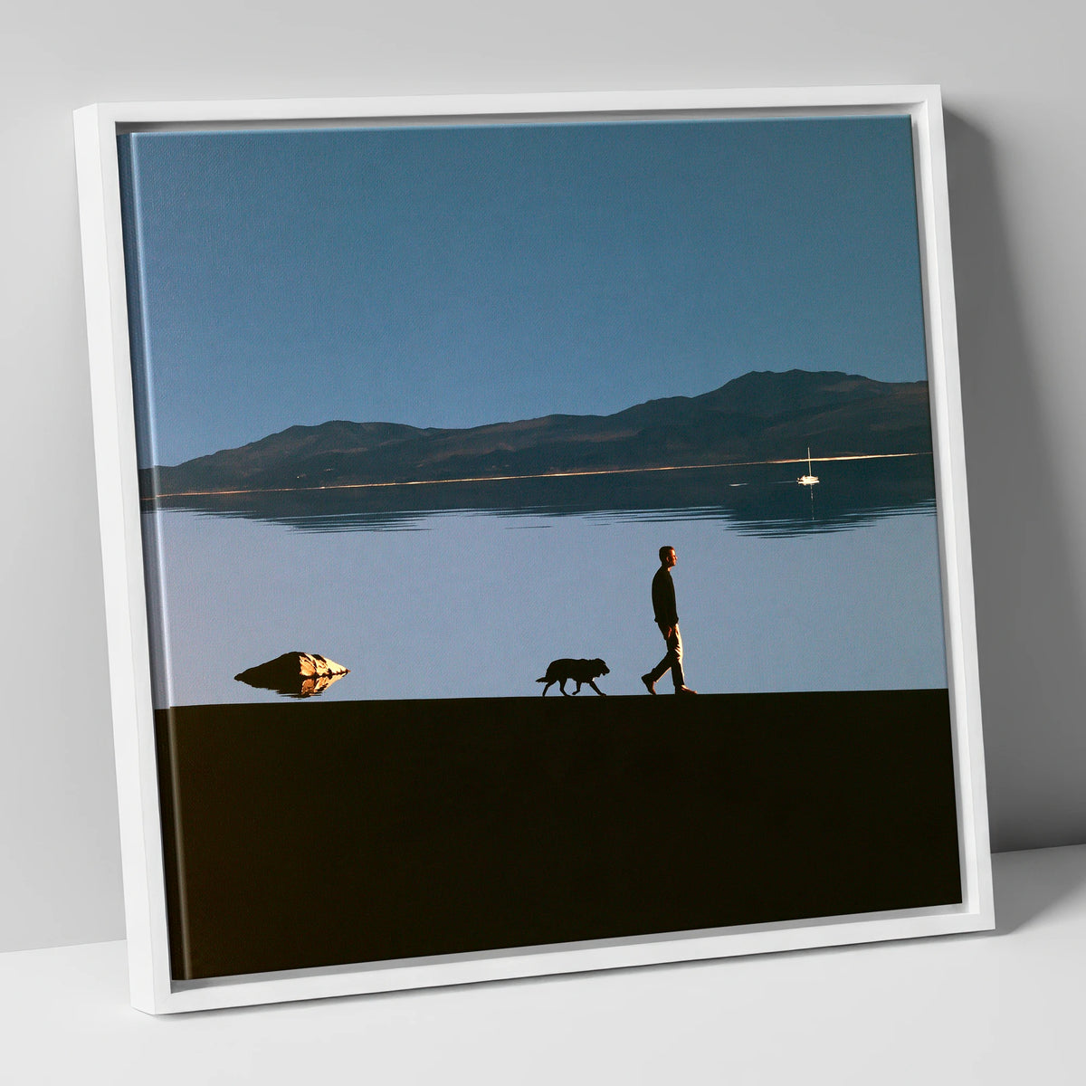 Windermere Dog Walk Silhouette gifts for dog walkers canvas wall art in white frame