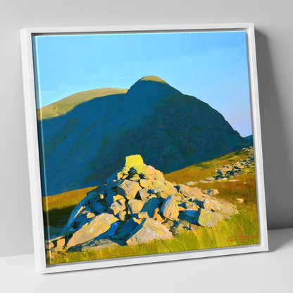 Sunlit Cairn Below Brandreth Peak lake district fell canvas wall art in white frame