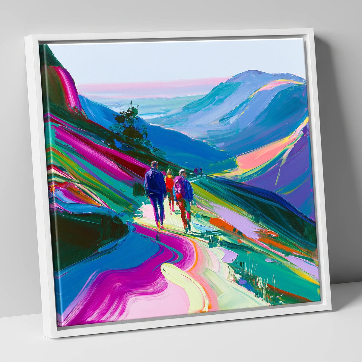 Vivid Walkers on a Mountain Path lake district walking canvas wall art in white frame