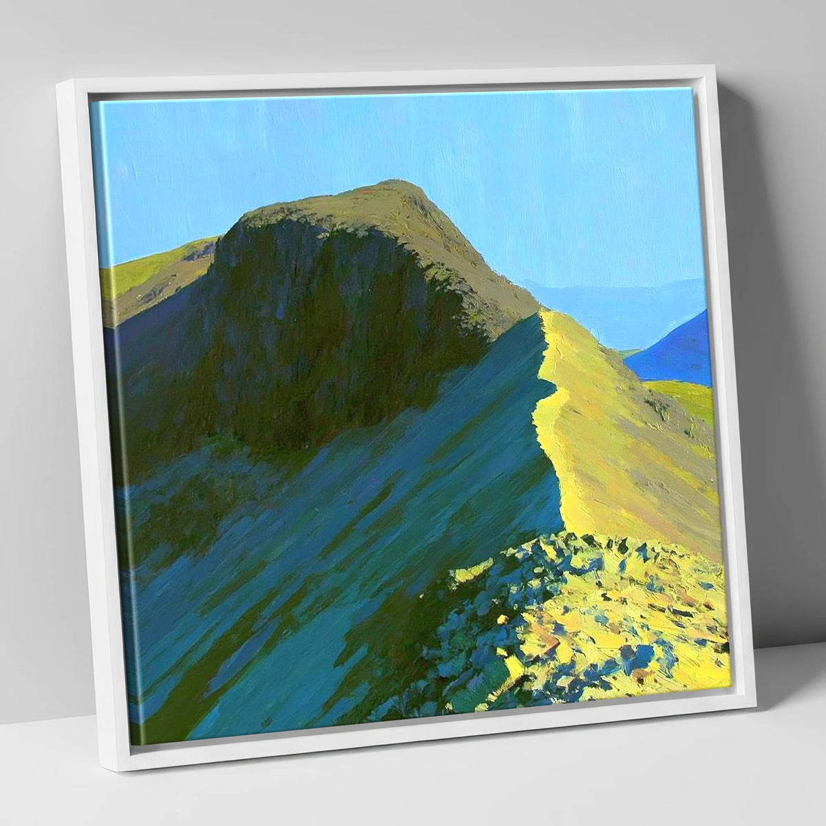 Sunlit Bowfell Ridge Path lake district fell canvas wall art in white frame