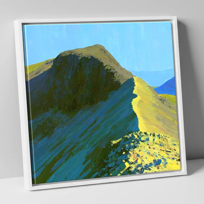 Sunlit Bowfell Ridge Path lake district fell canvas wall art in white frame