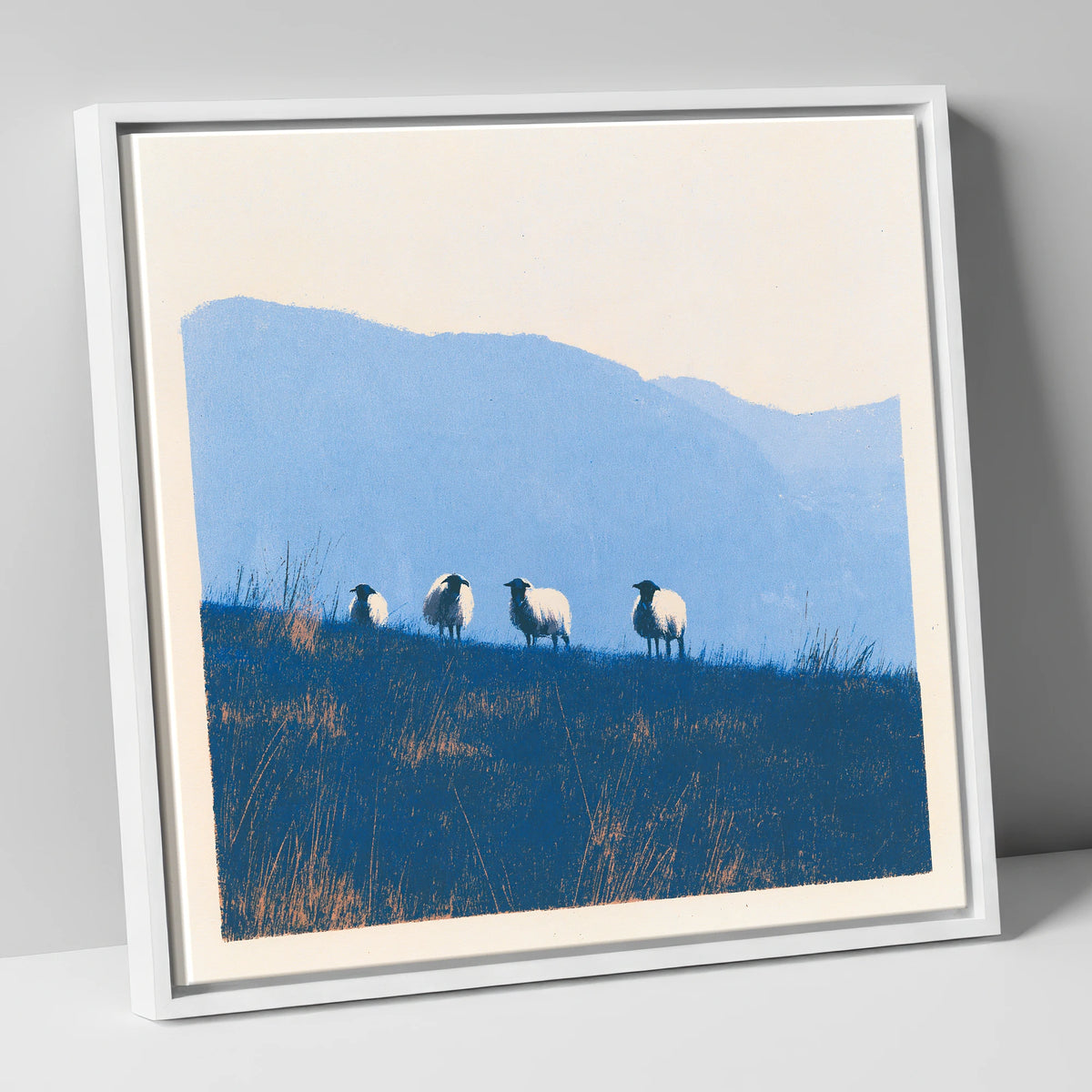 Herdwick Flock on Indigo Fellside lake district wildlife canvas wall art in white frame