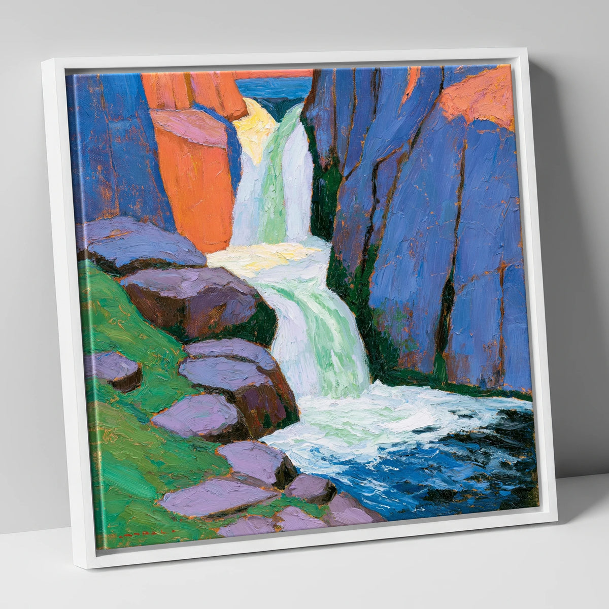 Vibrant Waterfall Between Blue Crags lake district waterfall canvas wall art in white frame