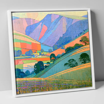 Vibrant Patchwork Fells at Evening lake district sky canvas wall art in white frame