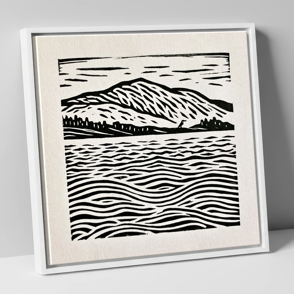 Coniston Water Monochrome Waves lake district lake canvas wall art in white frame