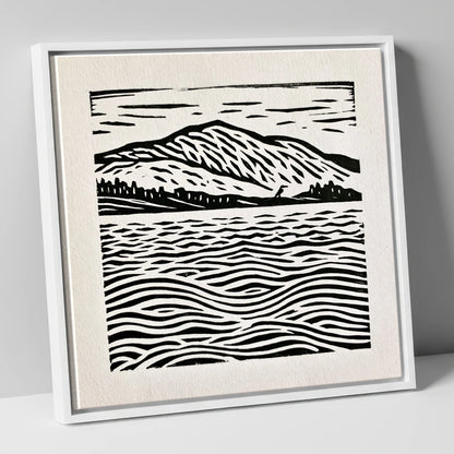 Coniston Water Monochrome Waves lake district lake canvas wall art in white frame