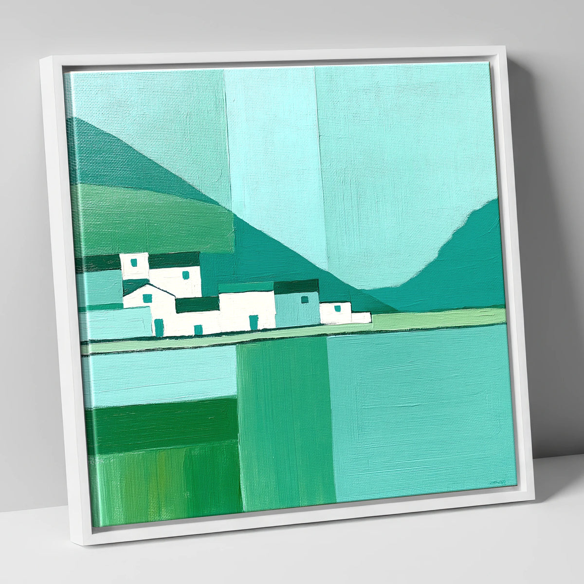 Modern Lakeside Village in Teal lake district village canvas wall art in white frame
