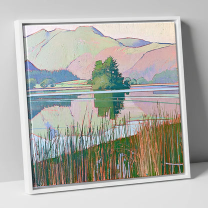 Grasmere Island Through Tall Reeds lake district lake canvas wall art in white frame