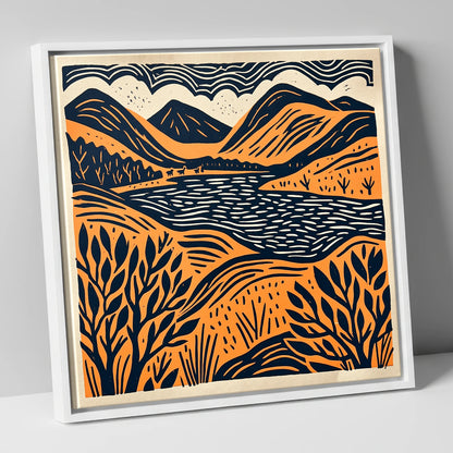 Terracotta and Navy Lake Fells lake district lake canvas wall art in white frame