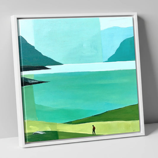 Teal Wastwater and Lone Walker lake district lake canvas wall art in white frame
