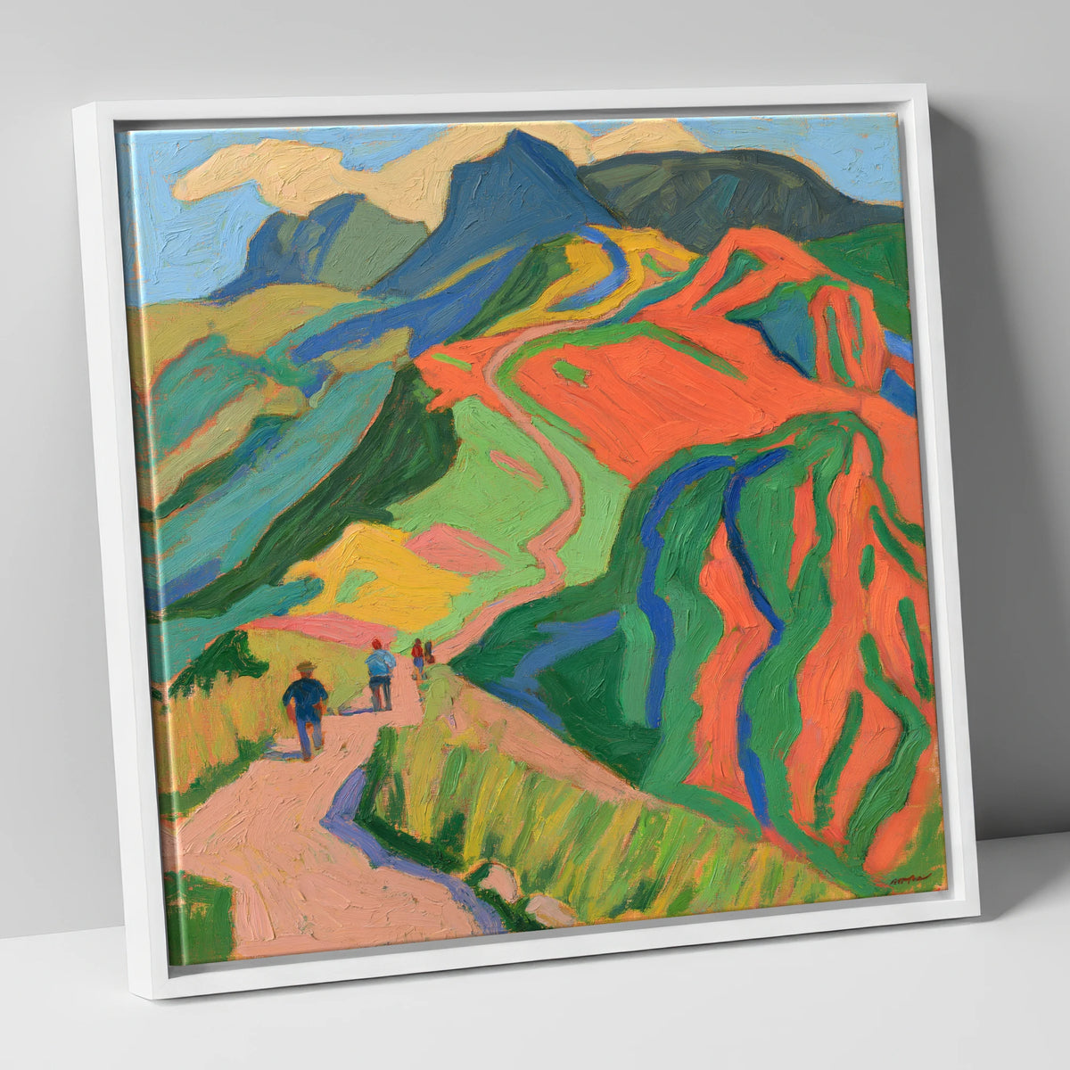 Walkers on a Vivid Fell Path lake district walking canvas wall art in white frame