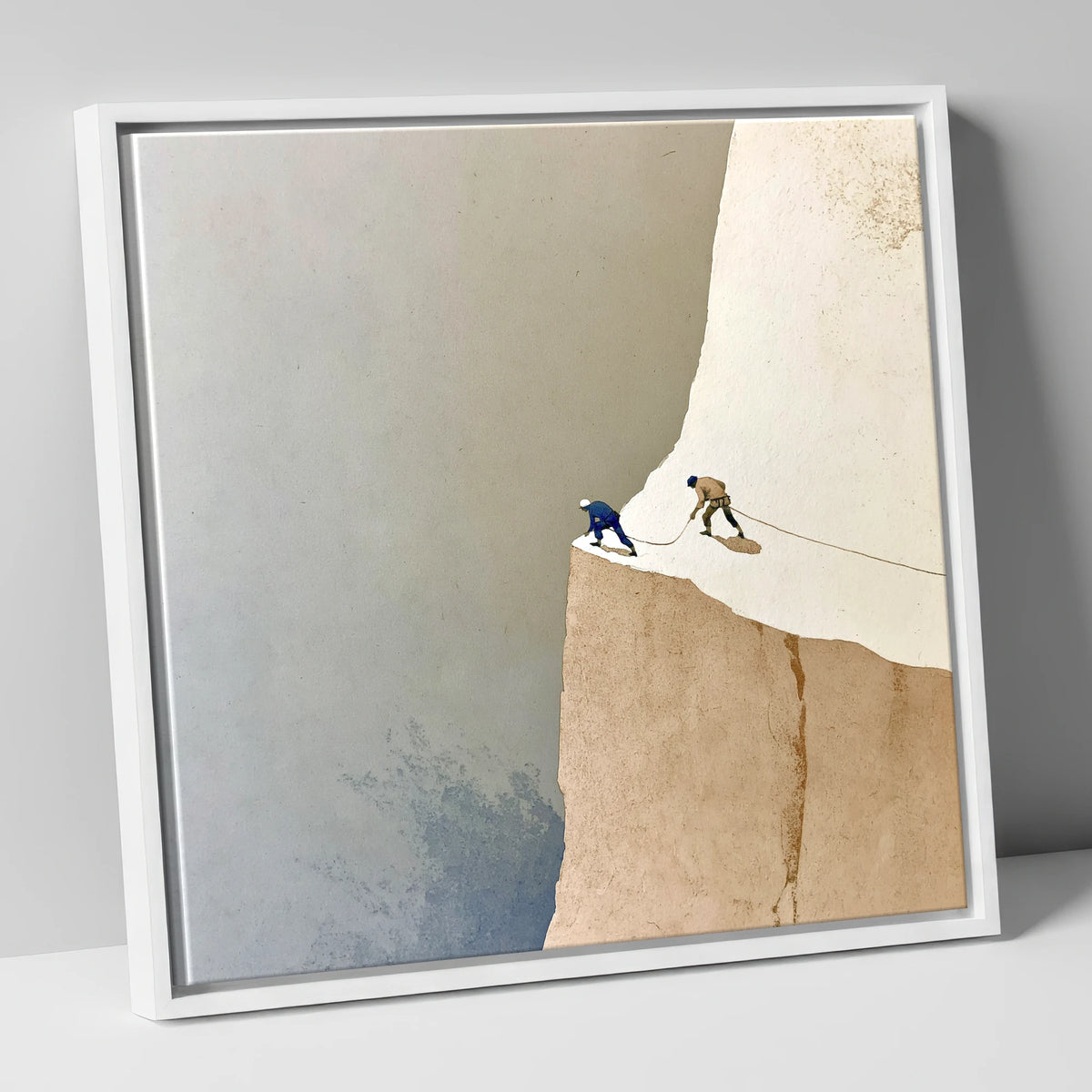 Climbers on a Misty Crag lake district walking canvas wall art in white frame
